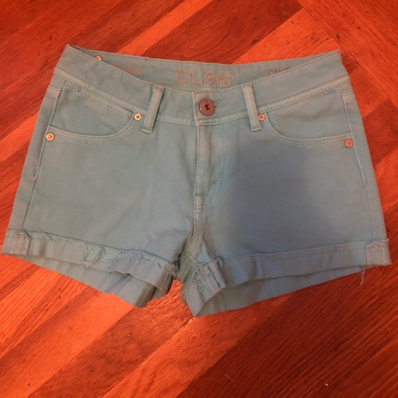 DL1961 Womens Blue Stretch Zippered Pocketed Raw Hem High Waist Shorts main image 0